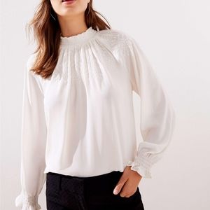 LOFT Embroidered Smocked Mock Neck Top Ivory MP